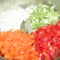 diced bell peppers, onion, celery and bay leaves